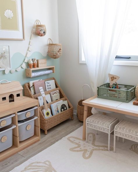 Traci Sheppard | All the coastal playroom details! 🌴 🐚 | Instagram Small Nursery Playroom Combo, Small Bedroom And Playroom Combo, Montessori Playroom Aesthetic, Basement Playroom Paint, Montessori Inspired Classroom, Kids Playroom Aesthetic, Playroom Craft Area, Coastal Toddler Room, Infant Playroom Ideas