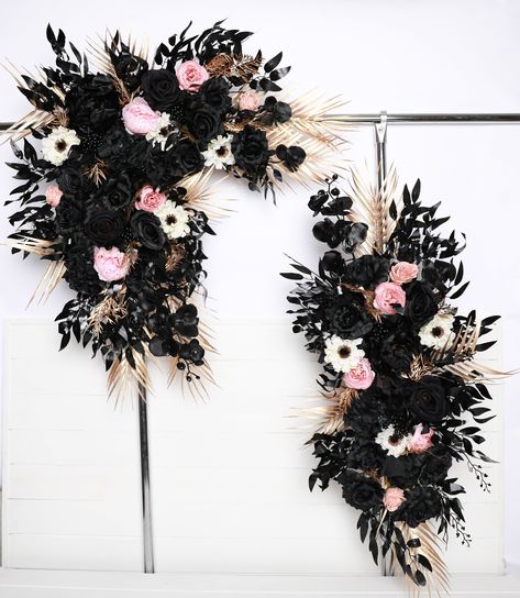 "Black gold white anemone wedding arch arrangement black white anemone dusty rose gothic flower archway black gold light pink wedding arch arrangement black gold dusty rose Halloween archway goth black gold dusty rose wedding archway Size of corner swag - 30\" * 30 \" ( 75*75 cm) The length of the straight arrangement #2- 30\" ( 75 cm) The length of the straight arrangement #3-14\" (35 cm) The normal time of air delivery: ♥ -USA- 14-30 day ♥ -Europe- 12-20 day ♥ -Canada, Australia- 10-30 day Usu Wedding Flowers For Black Dresses, Black White Pink Wedding Bouquet, Black Rose Arrangements, Black And Dusty Pink Wedding, Gold Dusty Rose Wedding, Black And Dusty Rose Wedding, Dusty Rose And Black Wedding, White Anemone Wedding, Archway Flowers