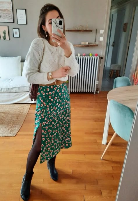 Floral Skirts Midi Outfit, Boots For Long Skirts, Maroon Midi Skirt Outfit, Modern Millennial Outfits, Midi Skirt With Tights, Midi Floral Skirt Outfit, Midi Skirt And Sweater Outfit, Modest Winter Outfits For Church, Modest Mom Outfits