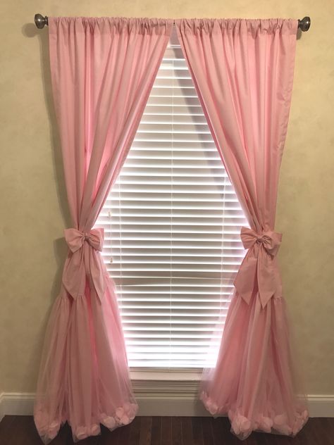 Curtain panels with tulle bottom skirt and rose petals. Price is for a pair of two panels with curtain bows. Panels are 40" wide with a 3" rod pocket and are available in 84" or 96" lengths. Custom lengths available; contact us with any questions. All items are made to order. Please allow 4 weeks production time. Don't see exactly what you are looking for? Contact us with any questions. Since our items are made to order we can make changes and customize the pieces just for you. Rooms Decoration, Cute Curtains, Pink Room Decor, Pink Curtains, Nursery Curtains, Dekorasi Kamar Tidur, Custom Nursery, Cute Room Ideas, Pink Petals