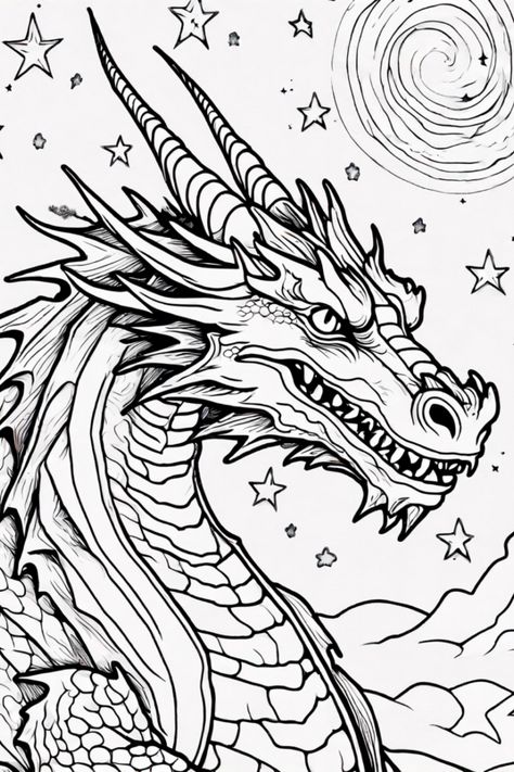 Unleash your creativity with our stunning Celestial Dragon coloring page! This fierce dragon, featuring sharp scales and a mouth full of teeth, is set against a breathtaking starry night sky. Enjoy the swirling moon and sparkling stars as you bring this majestic creature to life with your favorite colors. Perfect for adults and kids alike, this intricate design is great for relaxation and creativity Celestial Coloring Pages, Mythical Creatures Coloring Pages, Dragon Pictures To Color, Dragon Coloring Pages Free Printable, Colouring Patterns, Intricate Coloring Pages, Fantasy Coloring Pages, Celestial Dragon, Forest Coloring Pages