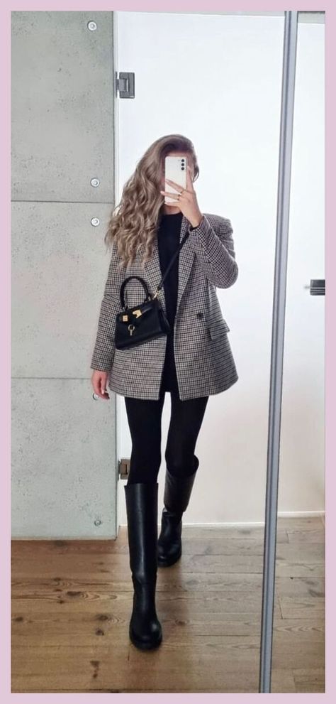 Tall Boots Leggings Outfit, Blazer And Boots Outfit Winter, Long Boots Work Outfit, Blazer Outfits Leggings, Long Boots Office Outfit, Black Leggings Black Boots Outfit, Black Wool Blazer Outfit, Business Boots Outfit, Black High Boots Outfit Fall