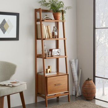 Vertical Storage Ideas, Shelving Mid Century Bookshelf, Wide Bookshelf, Narrow Bookshelf, 60s Furniture, Muebles Living, Wall Desk, Ladder Shelf, Book Shelf, Mid Century Furniture