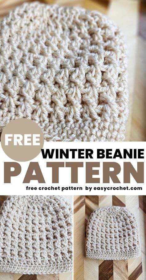 Learn how to crochet a beanie with this textured free crochet pattern! Crochet Hat For Beginners Free, Free Pattern Crochet Hats, Toque Pattern Crochet, Free Printable Crochet Hat Patterns, Womans Crochet Hat Pattern Free, Free Crochet Beanie Hat Patterns, Crochet Hats Using Bulky Yarn, Crochet Women's Hats Free Pattern, Waffle Stitch Beanie Free Pattern