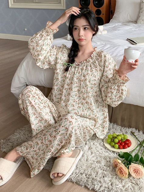 Beige  Collar     Embellished Non-Stretch Spring/Summer/Fall Women Sleep & Lounge Korean Night Suit For Women, Korean Night Suit, Korean Pijama, Cute Night Outfits, Cute Nightwear, Women Trousers Design, Simple Dress Casual, Night Suit For Women, Dress Sewing Tutorials