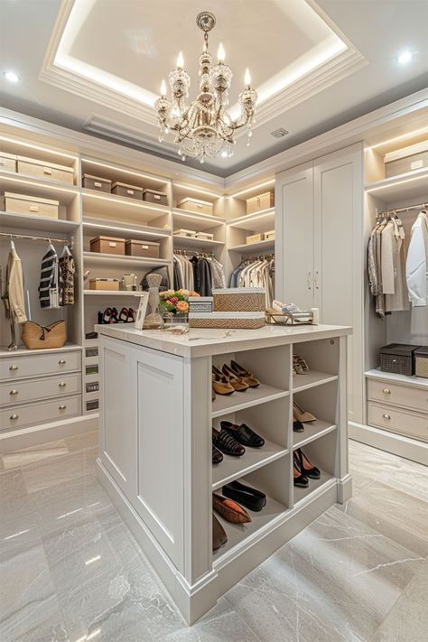 Elegant Walk-In Closet with Chandelier • Elevate your wardrobe organization with this luxurious walk-in closet. • Classic chandelier and tray ceiling add a touch of sophistication. • Spacious island offers convenient storage for shoes and accessories. • Ample shelving and hanging space keep everything organized and within reach. • Soft lighting highlights the elegant design and creates a warm ambiance. Closet With Chandelier, Walk In Closet Modern, Storage For Shoes, House Closet, Tub Design, Dream House Aesthetic, Modern Design Trends, Dream Closet Design, Closet Design Layout