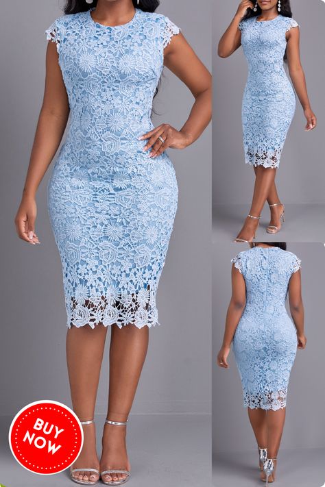 Look and feel your best in this light blue round neck lace bodycon dress! This stylish and elegant dress is perfect for any party occasion. The dress features a lace overlay, layered hem, zipper closure, and bodycon fit. It has short cap sleeves and a knee length. #lightbluedress #roundneckdress #lacedress #layerdress #zipperdress #bodycondress #capsleevedress #kneelengthdress #elegantdress #partydress #autumndress #bestdressed #fashionicon Knee Lenght Dress, English Lace Styles, Short Gown For Lace Style, Short Dress Lace Styles, Short Dress Styles Casual, All Lace Dress, Knee Length Lace Dress Classy, Lace Fitting Dress Styles, Short Gown For Lace