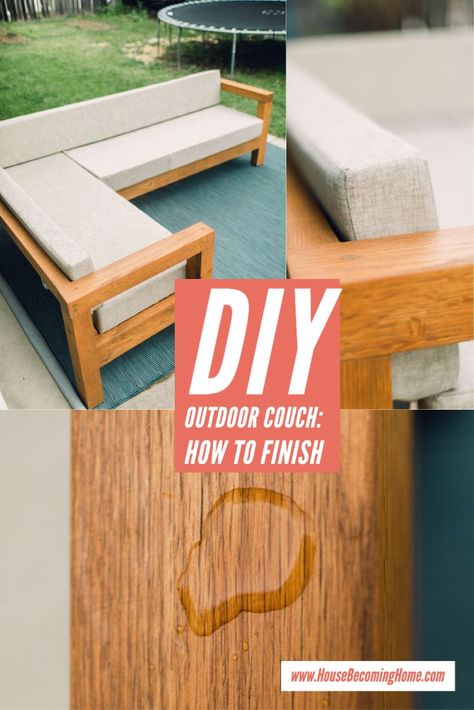 Not all finishes are ideal for outdoor furniture. This post describes the finish used for the beautiful DIY outdoor sectional sofa. Also shows materials used to make her own DIY outdoor cushions. More tips about how to extend the life of the sofa. Patio Sectional Diy, Wooden Yard Decorations, Diy Outdoor Sectional, Outdoor Couch Cushions, Outdoor Couch Diy, Wooden Outdoor Table, Outdoor Sectional Couch, Outdoor Sofa Diy, Outdoor Sofa Cushions