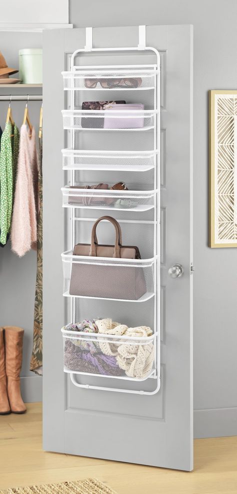 PRICES MAY VARY. Mesh Adds instant storage to any room, 6 baskets range in size to accommodate small to large items Store packaged food in your pantry, accessories in your closet, or extra towels & beauty products in your bathroom Durable metal frame with see-through mesh fabric for easy visibility; patended design, mesh on the back of the shelves protects your door from getting scuffed Assembled Dimensions: 7.87 L x 17.71 W x 66.92 H inches Over the door hooks fit most standard interior doors Back Of Door Organization, Over The Door Storage Ideas, Back Of Door Storage Ideas, Door Hooks Bedroom, Pantry Accessories, Small Deep Closet, Closet Door Organizer, Back Of Door Storage, Closet Clothes Organization