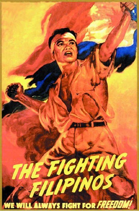 site leads to good article -->  “The Fighting Filipinos” poster was drawn by Filipino artist R. Isip to commemorate the first anniversary of the fall of Bataan and Corregidor. The Philippine Commonwealth Government in exile in Washington, D.C. printed and distributed 15,000 copies to schools and associations throughout the United States. Kasaysayan Ng Pilipinas, Filipino Design, Wwii Propaganda Posters, Ww2 Propaganda Posters, Ww2 Propaganda, Wwii Propaganda, Wwii Posters, Ww2 Posters, Filipino Tattoos