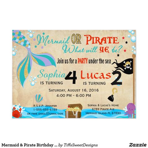 Sister Birthday Party, Shared Birthday Parties, Mermaid And Pirate, Mermaid Pirate, Mermaid Pirate Party, Sibling Birthday Parties, Mermaid Party Invitations, Combined Birthday Parties, Pirate Birthday Invitations