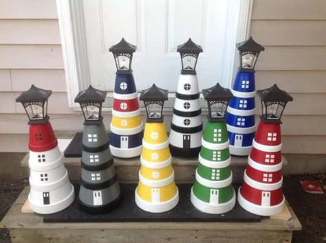 Home Decor Ideas Paper, Clay Pot Lighthouse, Lighthouse Crafts, Paper Flower Wall Hanging, Terra Cotta Pot Crafts Diy, Solar Lights Diy, Lighthouse Decor, Clay Pot Projects, Wall Hanging Ideas