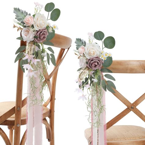 Simple Wedding Aisle Decor, Pew Wedding Decorations, Bridal Chair Decorations, Church Aisle Decorations, Bridal Chair, Chair Flowers, Wedding Ceremony Chairs, Pew Flowers, Pew Decorations