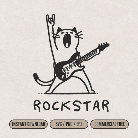 Rock And Roll Wall Art, Rockstar Cat Drawing, Dancing Cats Illustration, Music Svg Free, My Cat Is A Rockstar, Rock And Roll Logo, Rock N Roll Poster, Rockstar Cat, Cat With Guitar