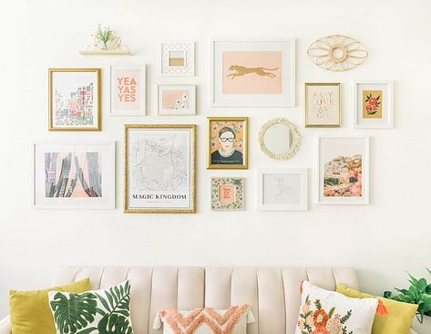 Gallery Wall 101 – How to Make a Gallery Wall on a Budget | Sequins and Sales | Bloglovin’ Wall Collage With Big Center Picture, Unique Wall Collage Ideas, Colorful Art Gallery Wall, Preppy Gallery Wall, Small Frame Gallery Wall, Wall Picture Gallery, Gallery Wall 101, Collage Wall Ideas, Gallary Wall