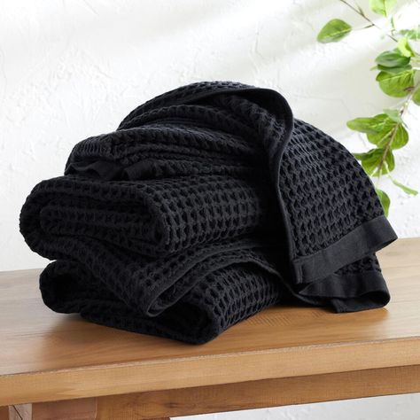 Black Waffle Weave Cotton Towel Collection - World Market Black Towels, Cotton Hand Towels, Towel Collection, Cotton Bath Towels, Bath Sheets, Affordable Home Decor, Waffle Weave, World Market, Cotton Towels