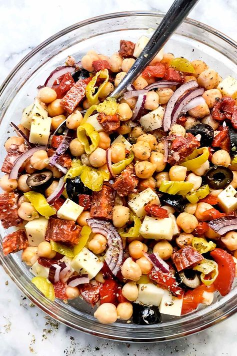 Italian Chickpea Salad | foodiecrush.com Dense Bean Salad With Chicken, Prenatal Recipes, Italian Chickpea Salad, Side Dishes For Dinner, Bean Salads, Easy Vegetable Side Dishes, Pepperoncini Peppers, Chickpea Salad Recipes, Foodie Crush