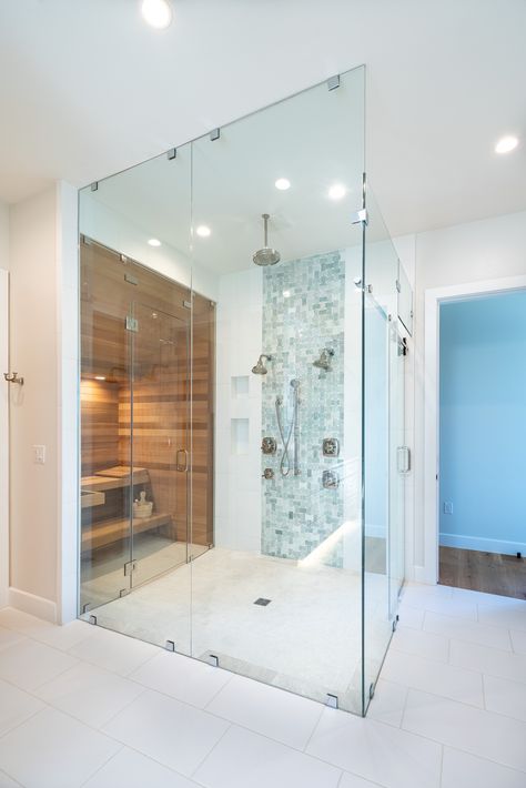 Master Bathrooms With Steam Showers, Master Bath Steam Shower Design, Bathroom Design With Sauna, Double Shower Head Ideas, Steam Shower With Window, Two Headed Shower Ideas, Bathroom Sauna Ideas Master Bath, Spa Bathroom With Sauna, Master Bath With Sauna Layout