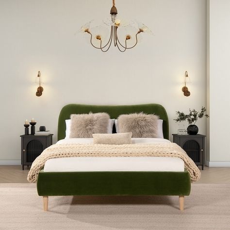 Green Bed Frame, Olive Green Bed, Green Velvet Bed, Curved Bed Frame, Upholstered Platform Bed Queen, Green Headboard, Green Bed, Platform Bed Designs, Headboard Shapes