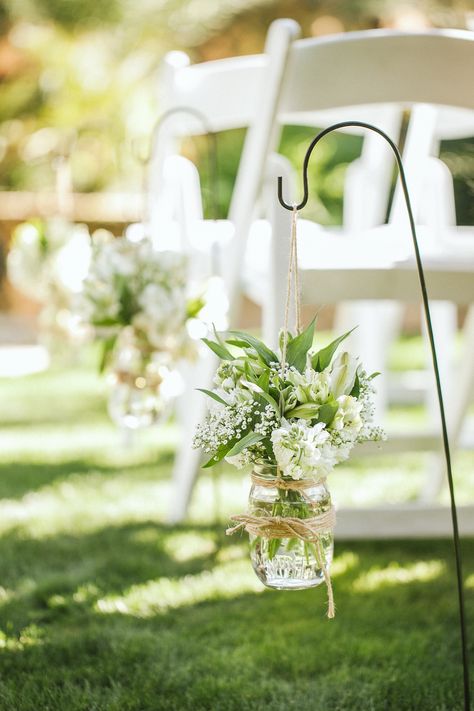 Mason Jars/Wedding Aisle Wedding Aisle Mason Jars, Mason Jar Isle Decorations Wedding, Mason Jar Ceremony Aisle, Isle Decorations Wedding Shepards Hooks, Mason Jar Aisle Decor, Mason Jar Aisle Wedding, Inexpensive Wedding Aisle Decor, Shepherd Hook Wedding Aisle, Wedding Isles Ideas