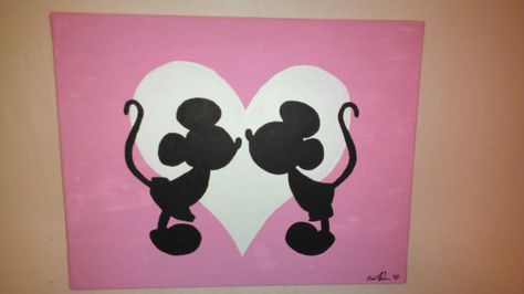 Disney Silhouette Painting - Mickey and Minnie Mouse in Love (Hand painted, no stencils, custom background colors, made to order) via Etsy Disney Silhouette Painting, Couples Canvas Painting, Minnie Mouse Silhouette, Disney Canvas Art, Disney Silhouette, Disney Canvas, Disney Paintings, Silhouette Canvas, Silhouette Painting