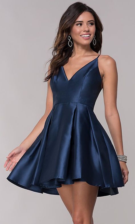 Image of short homecoming fit-and-flare v-neck dress. Style: LP-27732 Front Image Grade 8 Grad Dresses, Grad Dresses Short, Grad Dresses Long, Satin Homecoming Dress, Prom Girl, Grad Dresses, Satin Prom Dress, Party Dress Short, Hoco Dresses