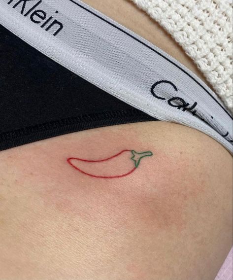 Italian Pepper Tattoo Small, Cool Words For Tattoos, Red Chilli Pepper Tattoo, Tortilla Chip Tattoo, Chilli Tattoo Ideas, Red Chili Tattoo Minimal, Jalapeno Tattoo Small, Chilis Tattoo, Chilly Tattoo Outline