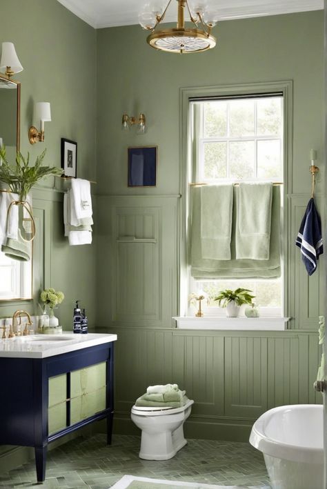 How To Craft an Exquisite Escape: Sage Green and Navy Blue Bathroom Secrets [2024] #Ad #homedecor #homedesign #fixhome #Painthome #interiorarchitecture Navy Blue And Green Bathroom, Navy And Green Bathroom, Sage Green Bathroom Walls, Green And Blue Bathroom, Sage Green And Navy, Blue And Green Bathroom, Light Green Bathrooms, Navy Blue Bathroom, Blue Bathrooms Designs