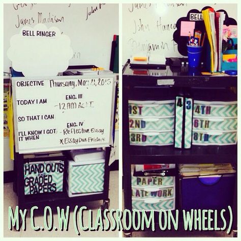 For every floater teacher, here is my cow (classroom on wheels). #floater #cart Teacher Carts Organization, Classroom Cart, Cow Classroom, Teacher Trolley, Mobile Classroom, Teacher Cart, Whole Body Listening, Mobile Cart, Teaching Organization