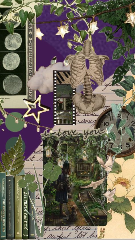 #purple #green #art #plants #yellow #stars #flowers #bones #books #clock Green And Purple Dark Aesthetic, Purple Green Black Aesthetic, Purple Green Aesthetic Pastel, Purple Green Yellow Aesthetic, Purple And Green Mood Board, Green And Purple Wallpaper Aesthetic, Green And Lavender Aesthetic, Dark Green And Purple Aesthetic, Leeann Core