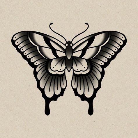 Butterfly Ditch Tattoos, Traditional Tattoo Tramp Stamp, American Traditional Tattoos Men Black, American Butterfly Tattoo, Traditional Butterfly Tattoo Design, Moth And Dagger Tattoo, Traditional Butterflies, Butterfly Tattoos Design, American Traditional Tattoos Women