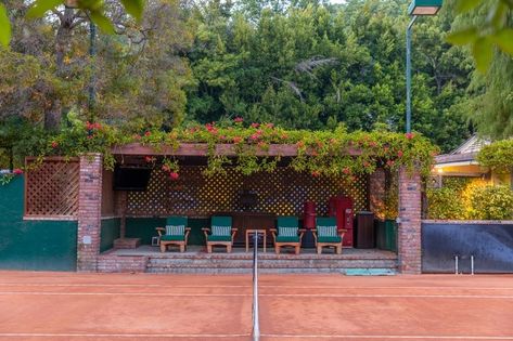 Tennis Court Backyard, Tennis Court Design, Japanese Inspired Garden, Private Tennis Court, Pavement Design, Diving Pool, Freeform Pools, Natural Waterfalls, Rock Climbing Wall