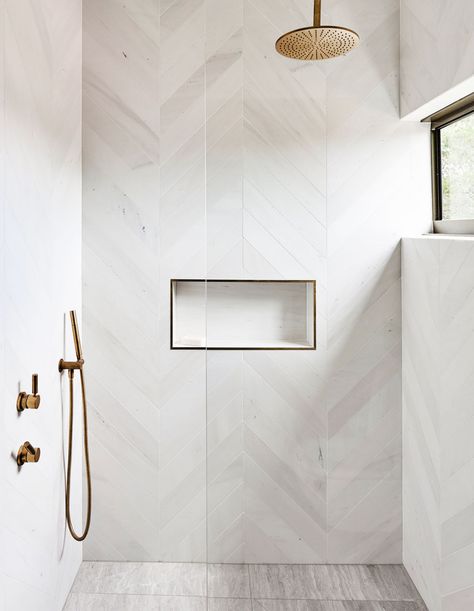 Tile Shower White, Shower White Tile, Melissa Ambrosini, Gold Shower Head, White Herringbone Tile, Makeover Kamar Mandi, Dekorere Bad, White Tile Shower, Gold Shower