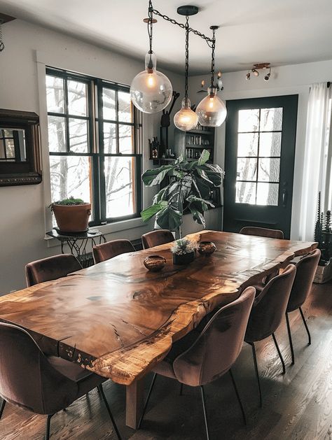 Rustic Dining Rooms: Wooden Table and Mismatched Pendant Lights Dining Room Big Table, Rustic Dining Room With Fireplace, Wooden Rustic Dining Table, Modern Rustic Kitchen Table, Western Dinning Room Table, Dining Room With Wood Table, Cedar Dining Table, Big Wooden Dining Table, Industrial Dining Room Ideas