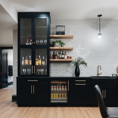 White Brick House, Wet Bar Cabinets, Transitional Basement, Basement Wet Bar, Basement Kitchenette, Glass Front Cabinets, Home Bar Designs, Hearth Room, Beautiful Home Designs