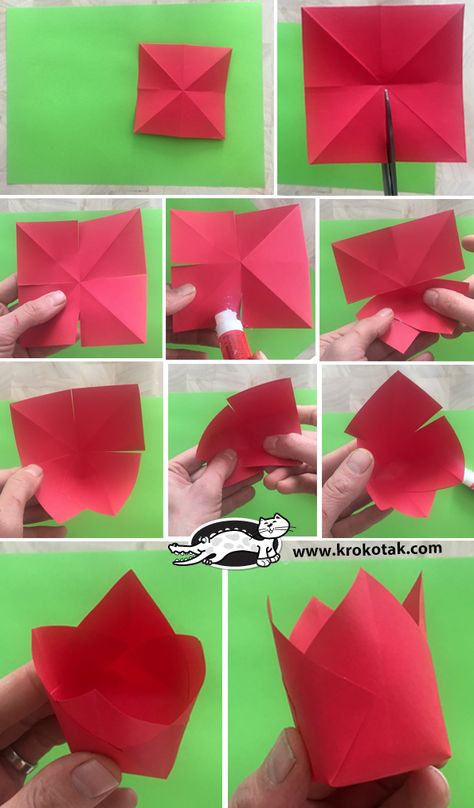 krokotak | Paper tulips How To Make A Paper Tulip, How To Make Paper Tulips, Paper Tulips Diy Simple, Diy Tulips, Tulip Craft, Tissue Paper Flowers Easy, Paper Tulips, Flower Crafts Kids, Tissue Paper Flowers Diy