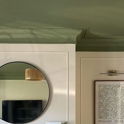 Little Greene on Instagram: "@atthemacs create a statement ceiling using Sage Green, complemented harmoniously by warm neutral walls." Green Walls And Ceiling Bedroom, Green Living Room Ceiling, Sage Green Bedroom Ceiling, Green Kitchen Ceiling, Green Accent Ceiling, Bedroom Green Ceiling, White Walls Green Ceiling, Sage Green Ceiling Bedroom, Little Greene Sage Green