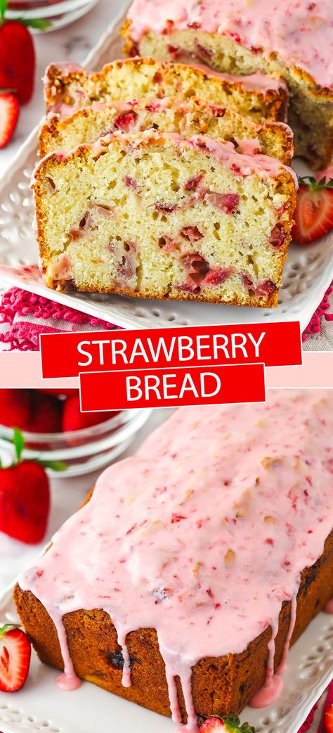 Made with fresh fruit, this easy, moist strawberry bread is a delicious and easy treat. It’s loaded with diced strawberries and topped with a sweet strawberry glaze! The perfect summer recipe for enjoying strawberries! Bread Machine Strawberry Bread, Recipes With Fresh Strawberries, Recipe Using Plain Yogurt, Quick Breads Recipes, Easy Strawberry Bread, Strawberry Bread Recipe, Strawberry Bread Recipes, Loaf Breads, Raspberry Bread