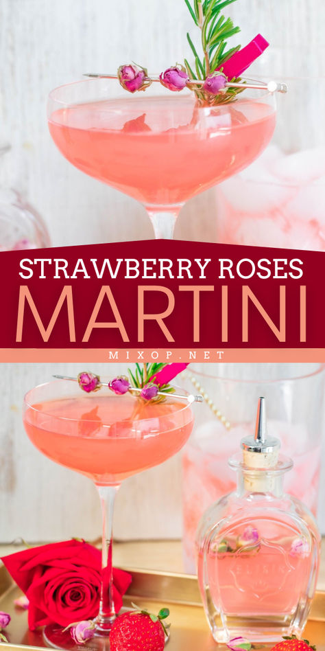 Indulge in elegance with this refreshing summer cocktail that is perfect for a Mother's Day brunch idea! This Strawberry Roses Martini recipe is made with vodka, fresh strawberries, and delicate rose petals; a refreshing addition to spring drink ideas! Best Martini Recipes, Martini Flavors, Fruity Cocktail Recipes, Easy Party Drinks, Strawberry Martini, Martini Recipes Vodka, Cocktails To Make At Home, Fun Party Drinks, Valentine Drinks