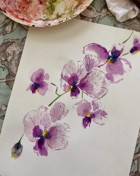 Orchid Watercolour Painting, Orchid Painting Easy, Loose Watercolor Flowers Watercolour, Watercolour Orchid, Watercolor Orchids, Orchid Watercolor, Orchid Drawing, Loose Watercolour, Orchids Painting