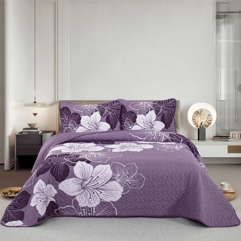 PRICES MAY VARY. 💎 Premium Material: Floral purple quilt set is made of super-soft microfiber. The soft fabric with elegant floral pattern, will enhance your bedroom or guest room decor meanwhile enjoy a breathable and lightweight sleep all year around. 💎 Gorgeous & Durable: Gorgeous of purple with multi-colors flower patterns make the quilt appearance more beauty and luxurious. Casual U stitched also could protect the inner filling easier than others quilt. A great bedding set for your room. Purple Bedspread, Purple Comforter, Botanical Bedding, Floral Bedspread, Purple Home Decor, Purple Floral Pattern, Bedding Quilt, King Quilt Sets, Bohemian Bedspread