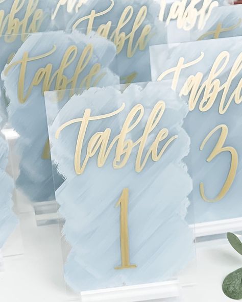 Wedding Signs Table, Acrylic Calligraphy, Blue And Gold Wedding, Wedding Table Number Signs, Baby Blue Weddings, Acrylic Table Numbers, Blue Wedding Decorations, Acrylic Table Number, Light Blue Wedding