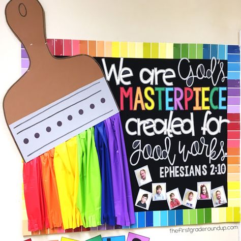 Paintbrush Bulletin Board, Masterpiece Bulletin Board, Sunday School Classroom Decor, Rainbow Theme Classroom, Preschool Classroom Themes, Sunday School Decorations, Sunday School Rooms, God's Masterpiece, Preschool Rooms