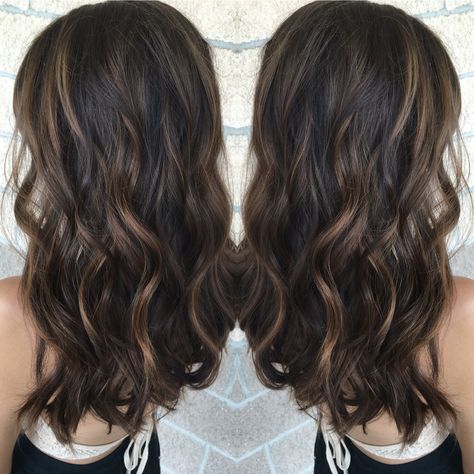 Dark Brown Hair With Partial Caramel Highlights, Brown Partial Highlights, Partial Highlights Black Hair, Caramel Partial Highlights, Caramel Highlights On Black Hair, Highlights Underneath Hair, Black Hair Caramel Highlights, Gold Balayage, Highlights For Dark Brown Hair