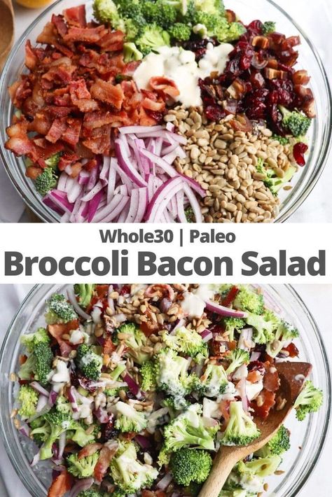 Whole30 Broccoli, Broccoli Bacon Salad, Lemon Garlic Dressing, Salad Broccoli, Healthy Broccoli Salad, Broccoli Bacon, Sweet Dressing, Garlic Dressing, Healthy Broccoli