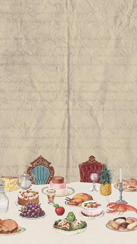 Supper table ephemera phone wallpaper, vintage mixed media illustration | premium image by rawpixel.com / Aew Phone Wallpaper Vintage, Vintage Mixed Media, Vintage Backgrounds, Food Vintage, Media Illustration, Baby Print Art, Vintage Dinner, Paper Background Design, Mixed Media Illustration