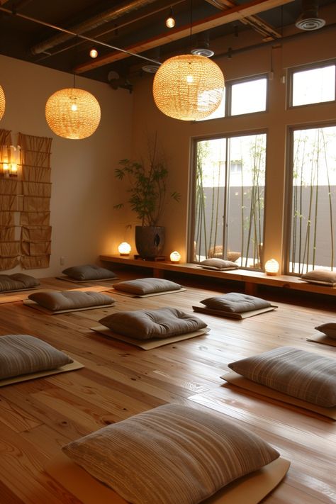 11 Eco-Friendly Yoga Studio Designs and Tips - TastyInteriors Workout And Meditation Room, Simple Home Yoga Space, Dream Yoga Studio, Dark Yoga Room, Meditation Studio Design, Wellness Center Design Interiors, Yoga Studio Design Interiors, Yoga Studio Aesthetic, Yoga Interior Design