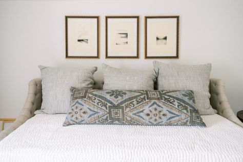 My New Office: The Reveal | lark & linen Picture Above Bed, Pictures Above Bed, Upholstery Details, Interior Design Articles, Home Office/guest Room, Hang Pictures, Office Remodel, Linen Interior, Pillow Ideas