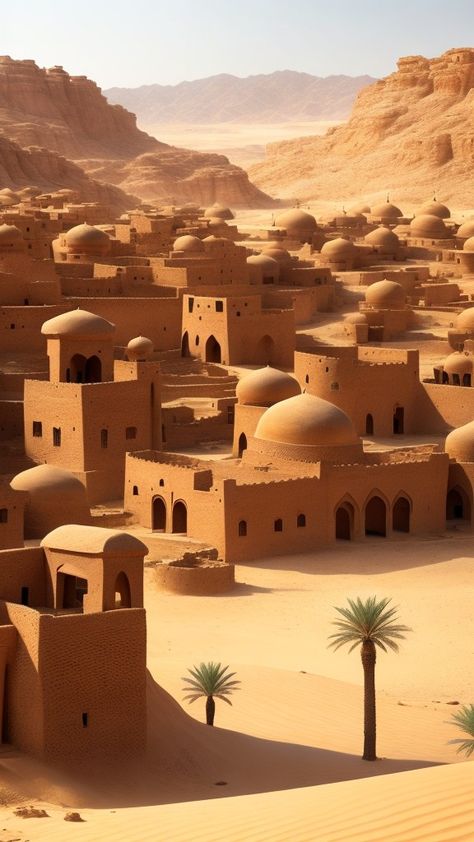 Arabic Painting Images, Old Islamic Pictures, Desert City Art, Islamic Culture Art, Islam Culture, Desert Village, Islamic City, Images Islamic, Islamic Design Pattern