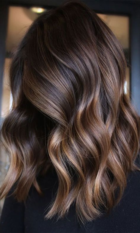 57 Cute Hair Colours and Hairstyles : Brunette Balayage With Subtle Caramel Caramel Color Hair With Highlights, Dark To Light Brown Balayage, Rich Chocolate Hair Color, Balayage Hair Caramel, Warm Brown Hair, Natural Brown Hair, Rambut Brunette, Cinnamon Hair, Chocolate Brown Hair Color